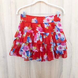 Hollister Floral Tiered Ruffle Mini Skirt L Red Coquette Romantic Festival GIrly